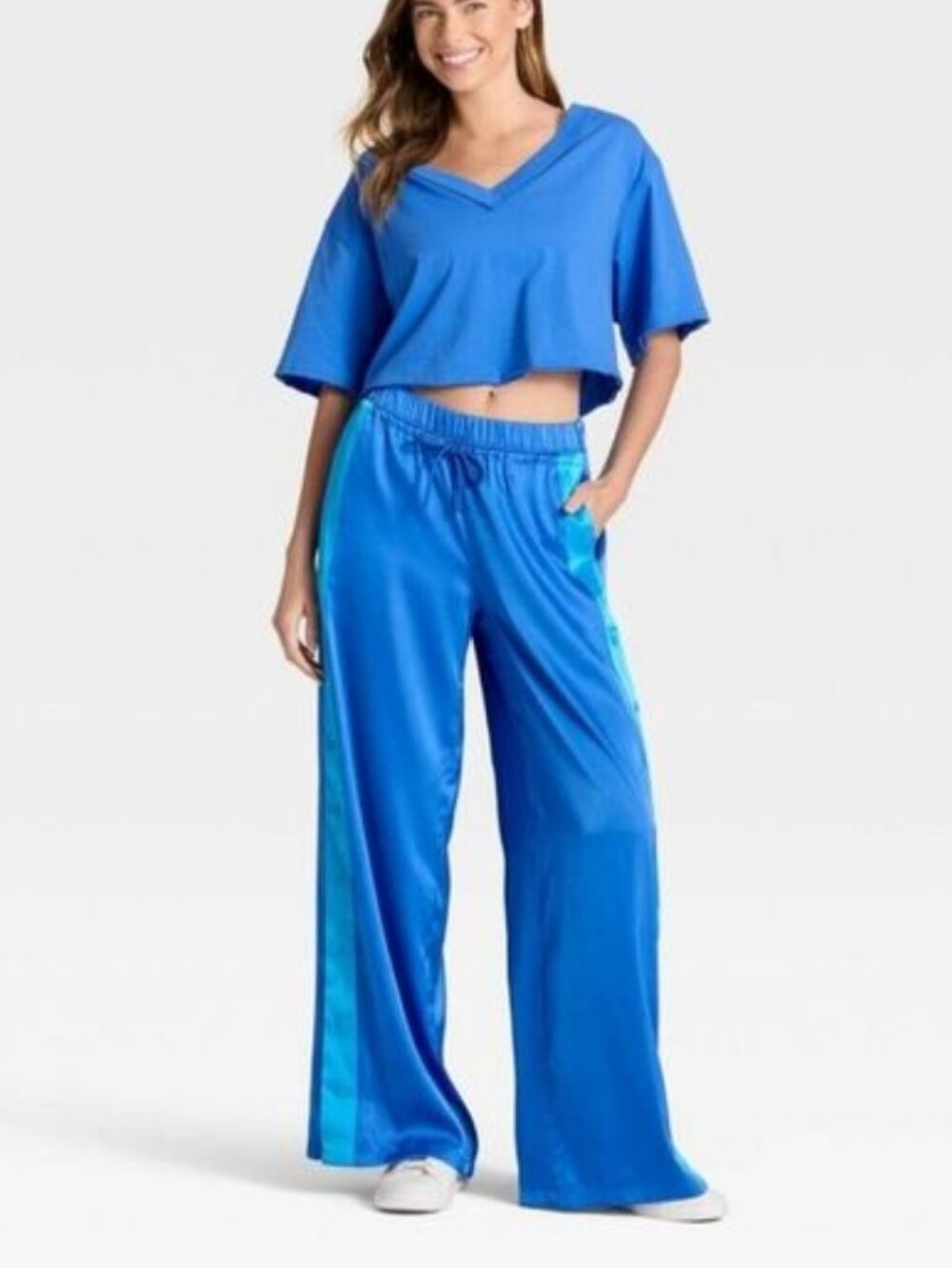 JoyLab Two-Tone Wide-Leg Track Pants in Bright Blue